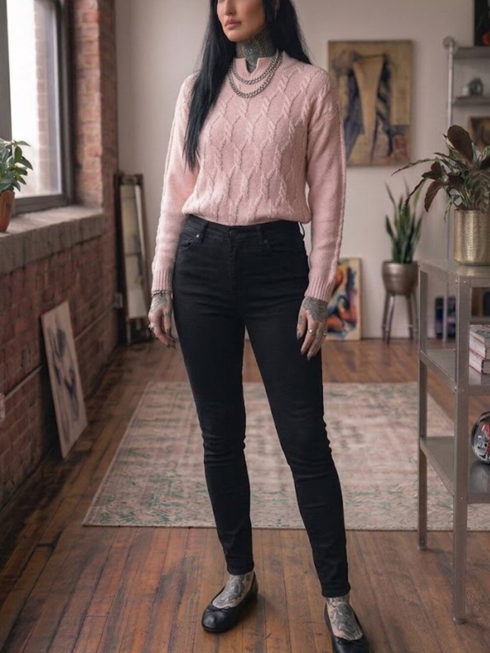 The American Line Stefano Vintage Pink Cable Knit Mock Neck Sweater Size M